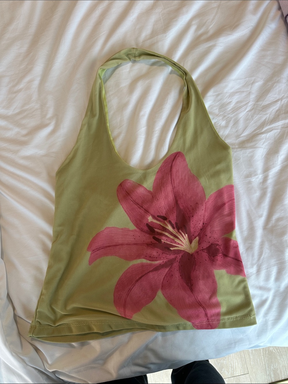 Green Halter Tank Top with Pink Floral Print